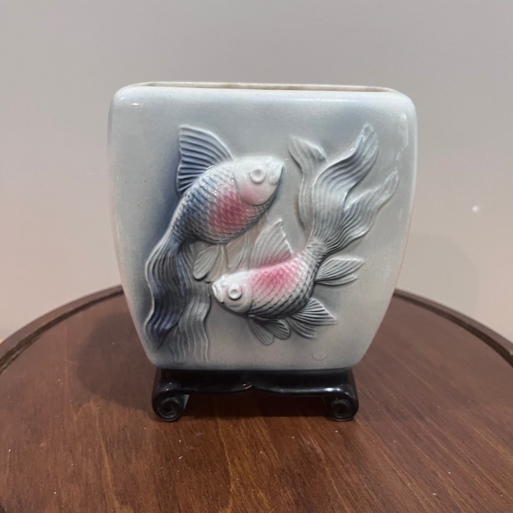 Vtg Royal Copley‎ Art Deco Ceramic Planter Vase Chinoiserie Koi  Blue Pink 5"